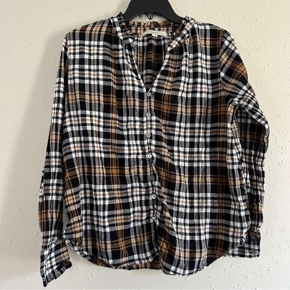 Loft Black Brown Plaid Blouse Casual Comfy Medium